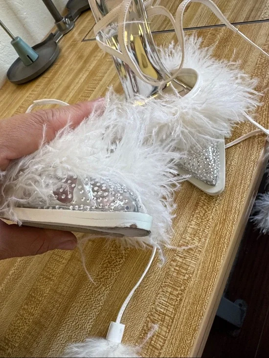 White Feather-Trim Strappy High Heels - Picture 10 of 10